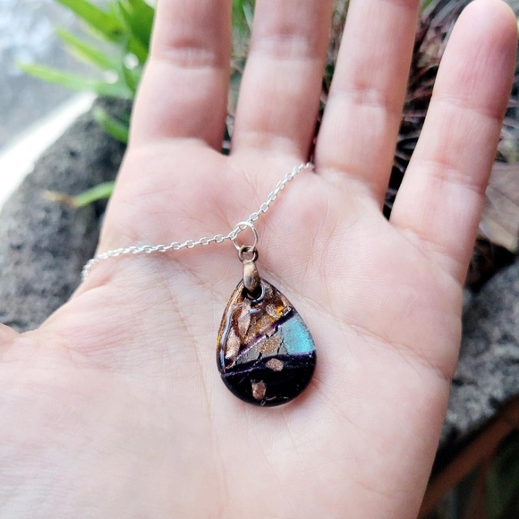 Vintage Dainty Murano Glass Silver Boho Bohemian Teardrop Necklace - Picture 3 of 8
